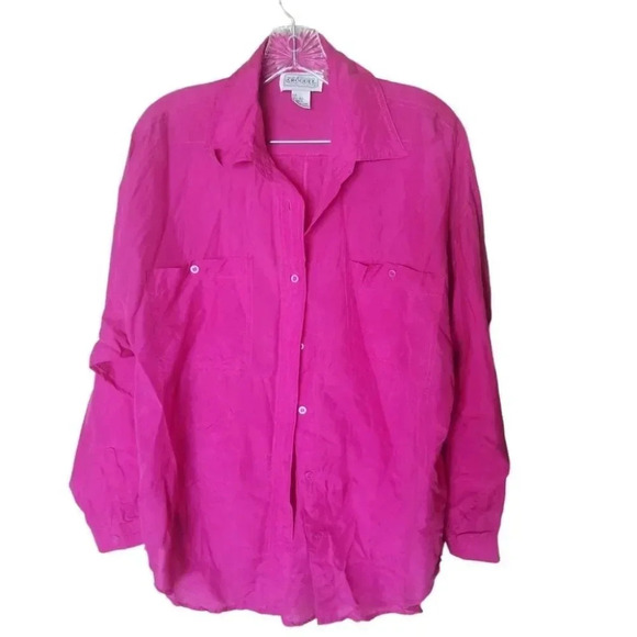 Vintage Croquet 100% Silk  Hot Pink Button Down Shirt L - Picture 1 of 8
